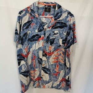 Caribbean Joe Tropical Print Short Sleeve Button Down Shirt, Blue/Red - Sz L